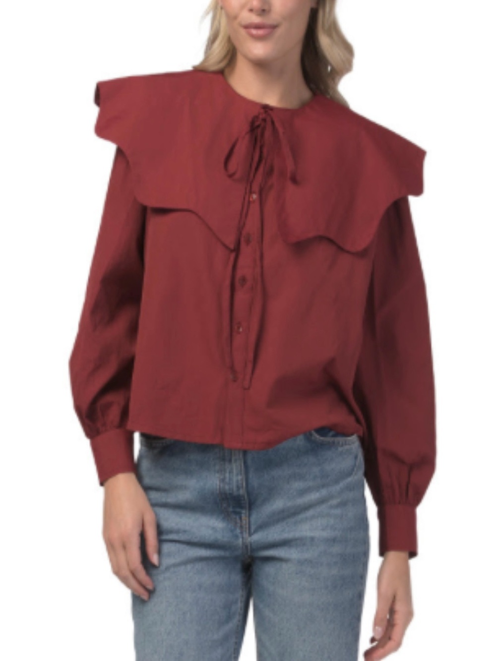 Tie-Neck Statement Collar Blouse in Burgundy